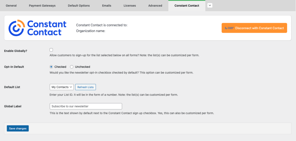 Constant Contact global and default settings
